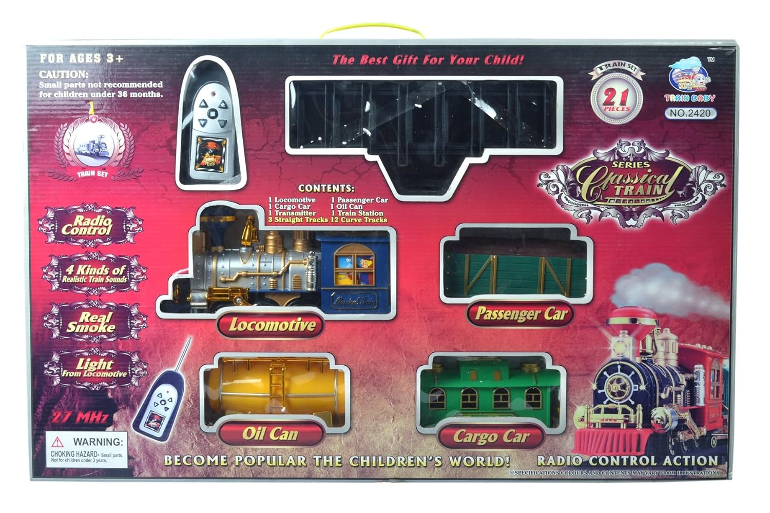 Detailed display packaging for the KidzoSmile Retro Train set showcasing a classic steam locomotive engine and circular tracks.