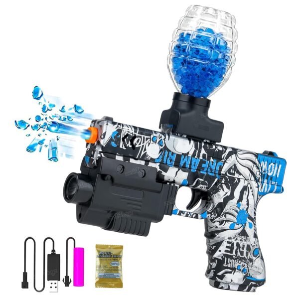 An Automatic Soft Bullet Toy Gun with a blue and white graffiti pattern, featuring a top-mounted clear water bead container filled with blue ammunition, a rechargeable battery, and a USB charging cable.