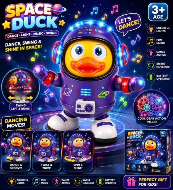 Dancing Space Duck toy with a yellow face and blue astronaut suit, shown next to its dark blue "Duck Space" retail box.