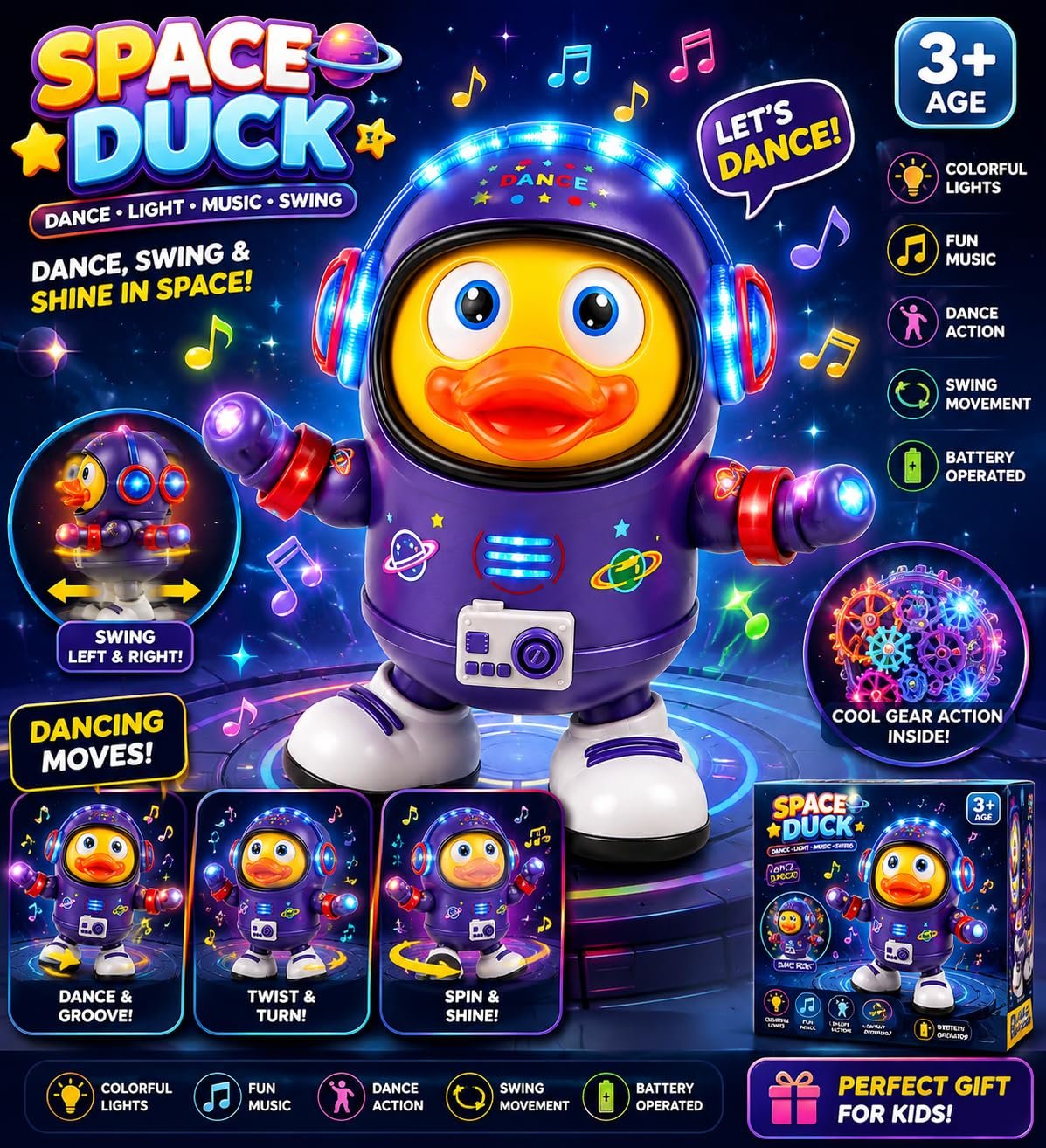 Dancing Space Duck toy with a yellow face and blue astronaut suit, shown next to its dark blue "Duck Space" retail box.