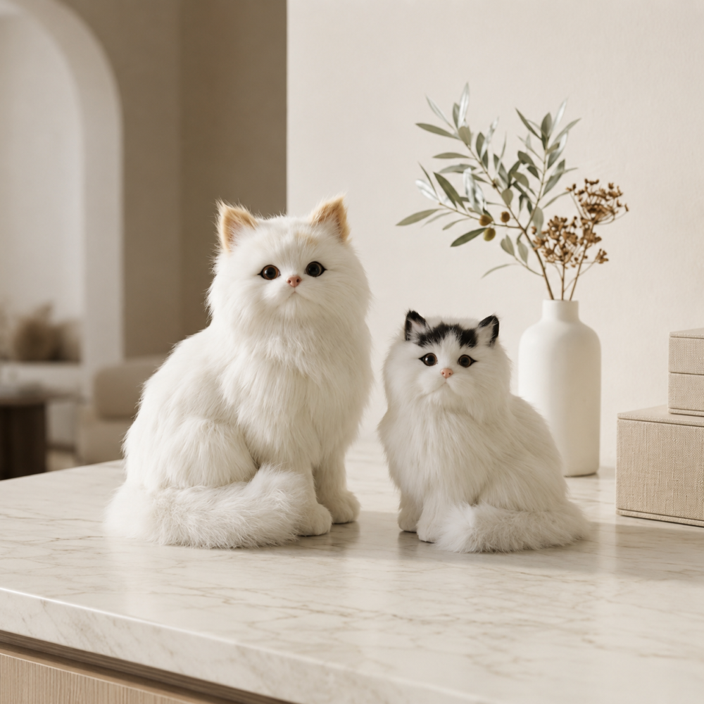 A pack of two Premium Realistic Kitten Figurines with fluffy white faux fur sitting on a marble countertop next to a white ceramic vase with green foliage.