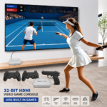 A woman in tennis attire playing a motion-controlled tennis video game on a large television screen connected to the 32-Bit Plug & Play Video Game Console, with two wireless gamepads and a motion shooting gun displayed.