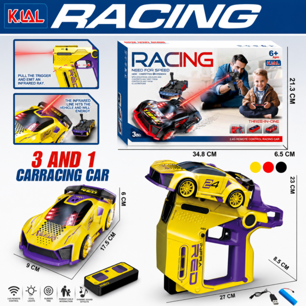Rechargeable RC Battle Car toy set featuring a yellow and purple racing car, a laser blaster-style remote controller, retail box packaging and dimension callouts.