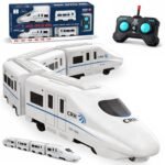 A white and blue bullet-style Electric RC Train Set featuring interconnected passenger cars, a wireless remote control, and retail packaging.