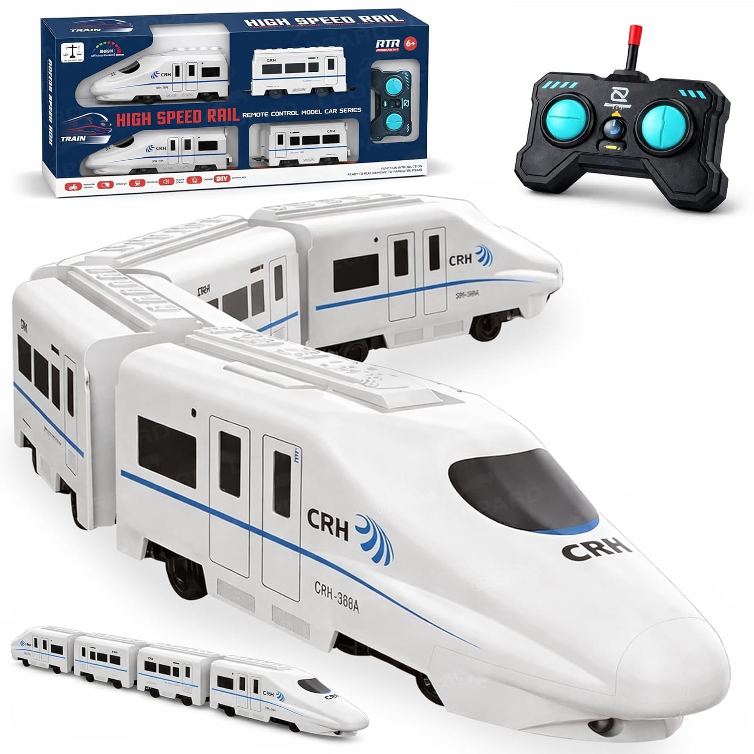 A white and blue bullet-style Electric RC Train Set featuring interconnected passenger cars, a wireless remote control, and retail packaging.