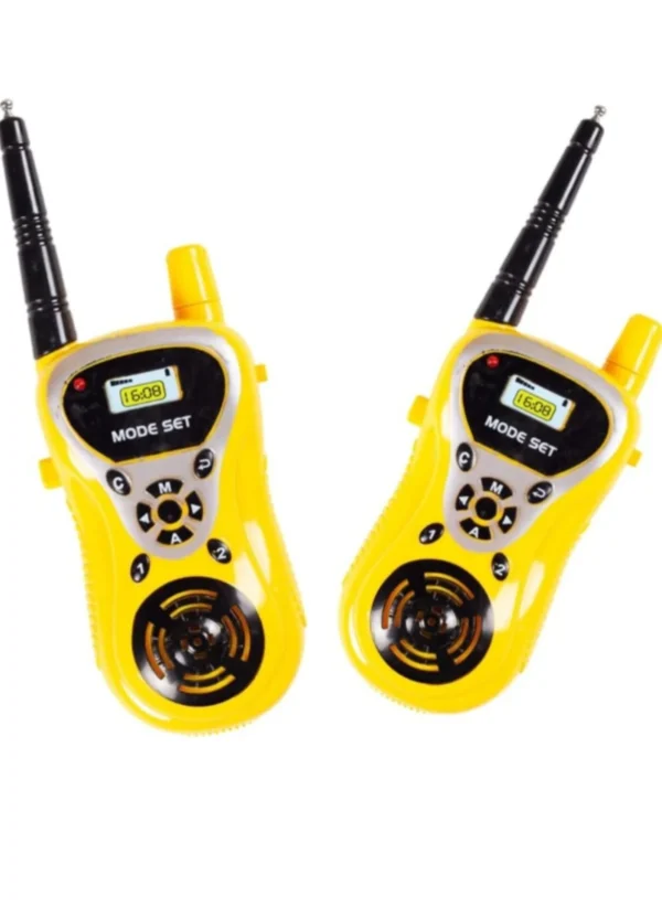 Green and yellow retail card packaging for a pair of KidzoSmile Walkie Talkies featuring a cartoon explorer illustration.