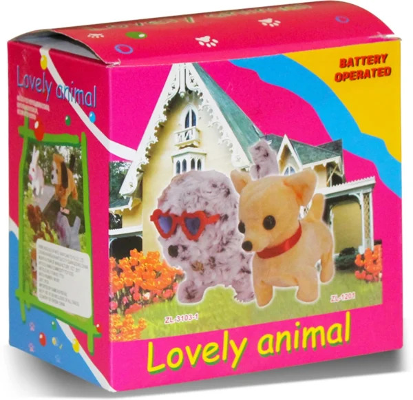 A pink box featuring the KidzoSmile Naughty Puppy Toy with illustrations of a fluffy white dog wearing red glasses and a tan chihuahua.
