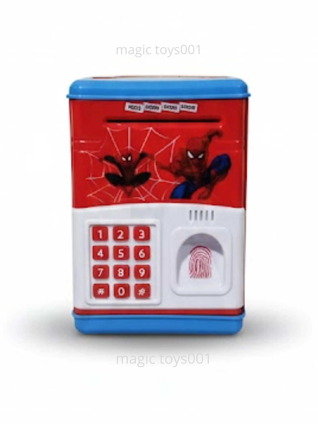 A red and white electronic password safe money bank for kids featuring a superhero design, a digital keypad with red buttons, a toy fingerprint scanner graphic, and a cash slot at the top.